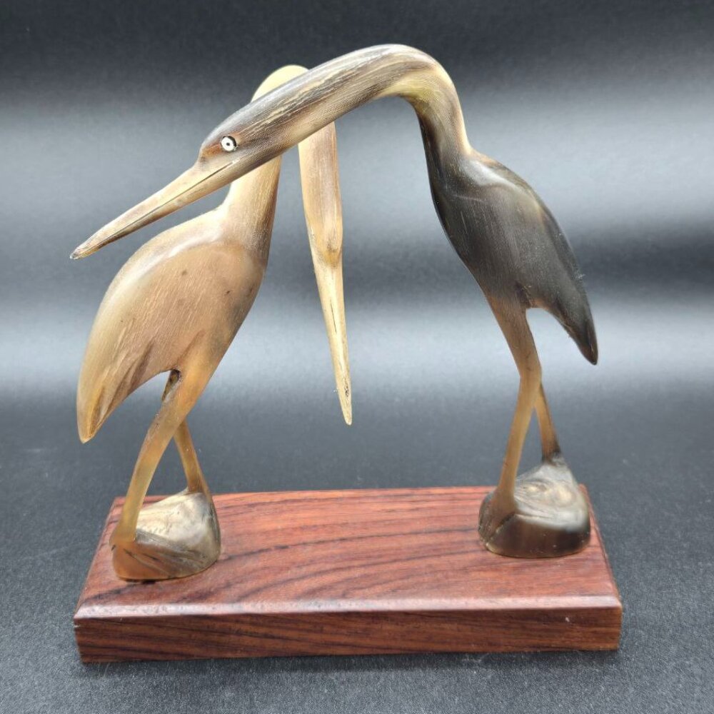 Original Bullhorn Art Vintage Eastern Asian Wood Mounted "Mating Cranes"